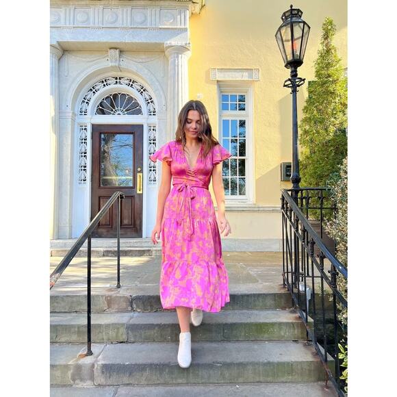 TANYA TAYLOR Women's Pink Orange Floral 100% Silk V-Neck Lisa Wrap Dress size 2 - Picture 1 of 16